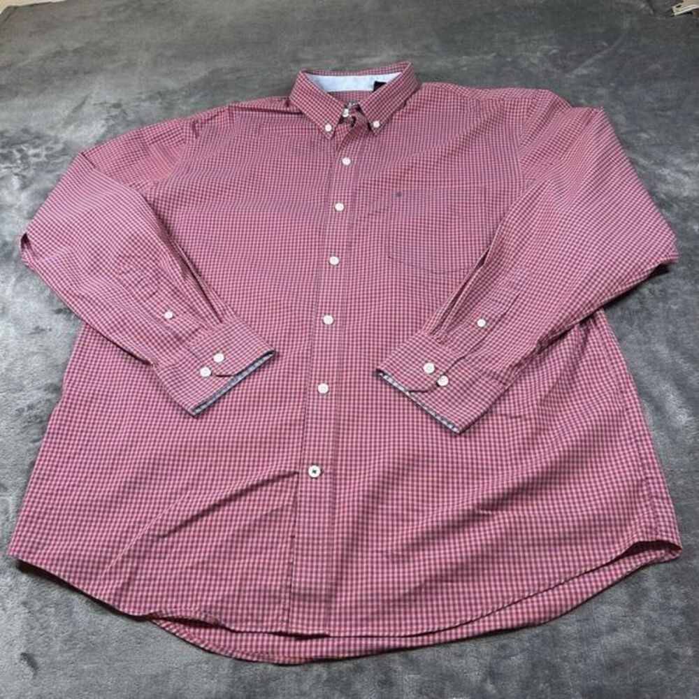 Izod Shirt Mens Large Red Blue Check Non-iron Stretch Button Up Long Sleeve Work